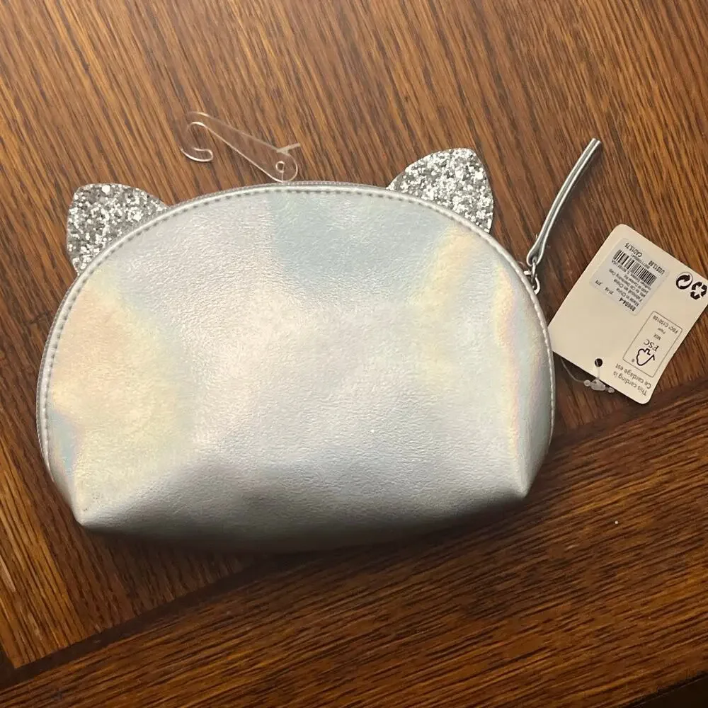 NWT Silver Iridescent Kitty Cat Makeup Bag Pouch Glitter Ears Cosmetic Case DIY
